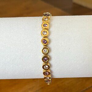 Rustic Cuff Gold Tone Angeline Tennis Bracelet W/ Amethyst Shades of Crystals 7"